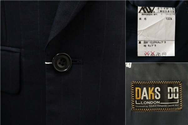【送料無料】5NE039】DAKS LONDON 4つボタン ダブルスーツ 袖口4つボタン A6 M ダークネイビー ストライプ ワンタック 春夏 6 CW 932NK 【中古】【メンズビジネス】202505