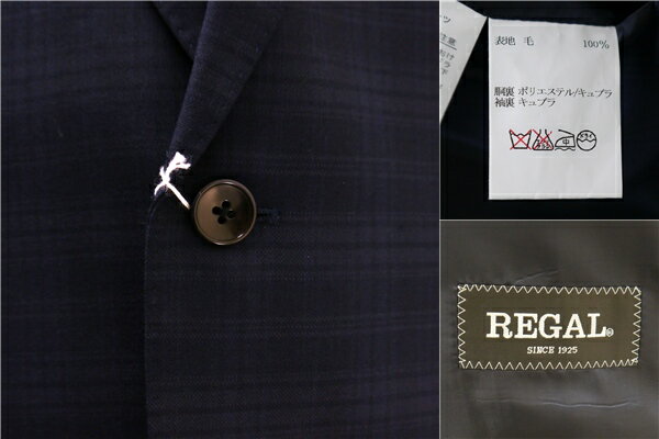 5NF041】REGAL リーガル 2つボタン シングルスーツ 袖口4つボタン AB7 L ダークネイビー チェック ツータック 春秋冬 135019 【送料無料】【中古】【メンズビジネス】202506