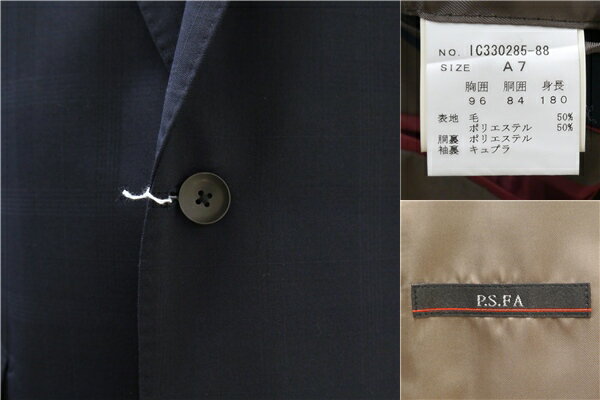 【送料無料】5NF048】P.S.FA 2つボタン シングルスーツ 袖口4つボタン A7 L ダークネイビー チェック ノータック 春秋 合物 IC330285-88 【中古】【メンズビジネス】202506