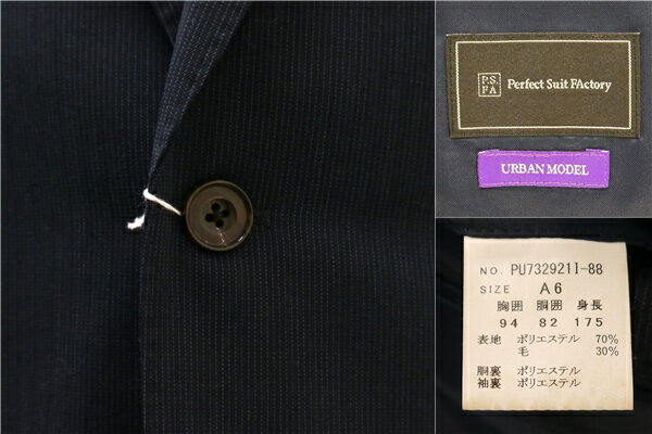 【10％OFF】5NF049】P.S.FA 2つボタン シングルスーツ 袖口4つボタン A6 M ダークネイビー ストライプ ノータック 春秋 合物 PU732921I-88 【スーパーSALE】【送料無料】【中古】【メンズビジネス】202506