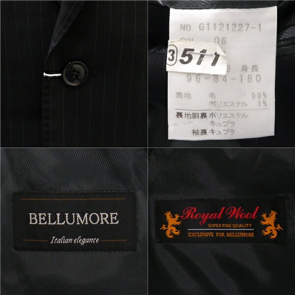 【送料無料】5NG005】BELLUMORE Royal Wool 2つボタン シングルスーツ A7 L ダークグレー 暗灰色 ストライプ ツータック 春秋冬 G1121227-1 【中古】【メンズビジネス】202507