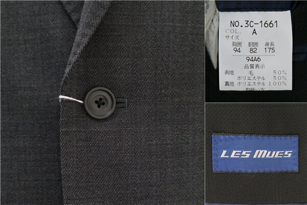 【送料無料】5NG007】LES MUES レミュー 2つボタン シングルスーツ 袖口3つボタン A6 M ダークグレー 暗灰色 ノータック 春秋冬 3C-1661 【中古】【メンズビジネス】202507