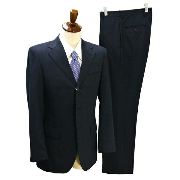 UNICO LUSSO 3つボタン シングルスーツ 袖口4つボタン Y5 M ダークネイビー ストライプ ワンタック 春夏 337102-10 5NG010 【送料無料】【中古】【メンズビジネス】202507