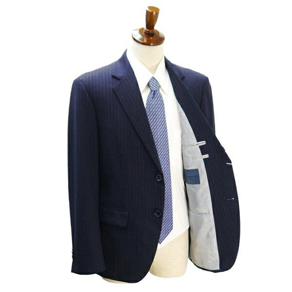 【送料無料】5NG012】GINZA Global Style 2つボタン シングルスーツ AB7 L ダークネイビー 濃紺 ストライプ ノータック 春秋冬 NMB1-1263 【中古】【メンズビジネス】202507