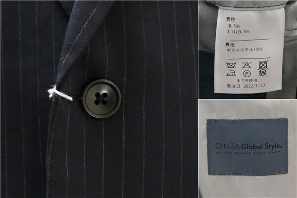 【送料無料】5NG012】GINZA Global Style 2つボタン シングルスーツ AB7 L ダークネイビー 濃紺 ストライプ ノータック 春秋冬 NMB1-1263 【中古】【メンズビジネス】202507