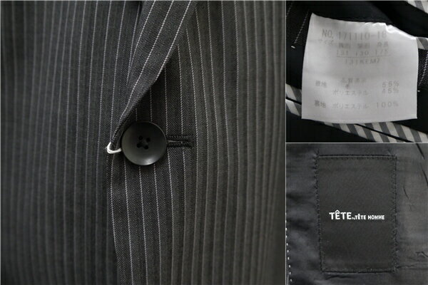 5NG079】美品 TETE HOMME 2つボタン シングルスーツ KEM7 5L グレー系 ストライプ ノータック 大きいサイズ 春秋 合物 171110-18 【中古】【メンズビジネス】202507