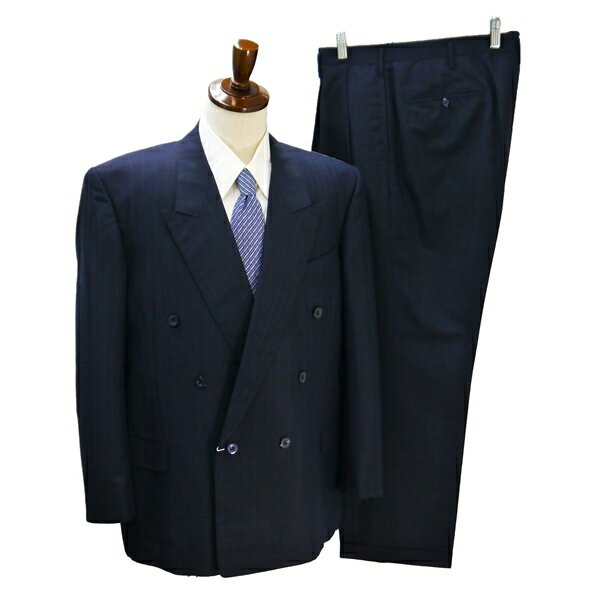 5NG105】TAILOR Kamiya イングランド産 6つボタン ダブルスーツ AB7 L ダークネイビー 濃紺 ストライプ ツータック 春秋 合物 【中古】【メンズビジネス】202507