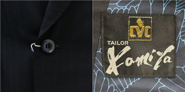 5NG105】TAILOR Kamiya イングランド産 6つボタン ダブルスーツ AB7 L ダークネイビー 濃紺 ストライプ ツータック 春秋 合物 【中古】【メンズビジネス】202507