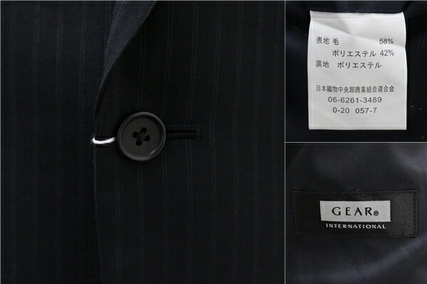 美品 GEAR 2つボタン シングルスーツ 袖口4つボタン A5 M ダークネイビー 濃紺色 ストライプ ツータック 春夏 47101 5NG115 【送料無料】【中古】【メンズビジネス】202507