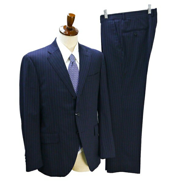 Kyoto Bespoke イタリア製カノニコ 段返り 3つボタン シングルスーツ A8 XL ダークネイビー ストライプ ワンタック 春秋冬 5NH051 【中古】【メンズビジネス】202508