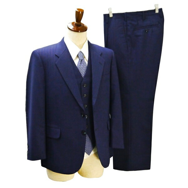 YAMASIROYA 3ピース 2つボタン シングルスーツ 袖口3つボタン A4 S ダークネイビー 濃紺 ストライプ ワンタック 春秋冬 5NJ017 【送料無料】【中古】【メンズビジネス】202510