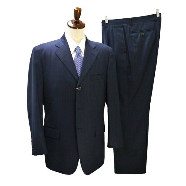 【10％OFF】ROYAL ALBERT 3つボタン シングルスーツ 袖口4つボタン A7 L ダークネイビー ストライプ ツータック 春秋 合物 46184 6NA11..