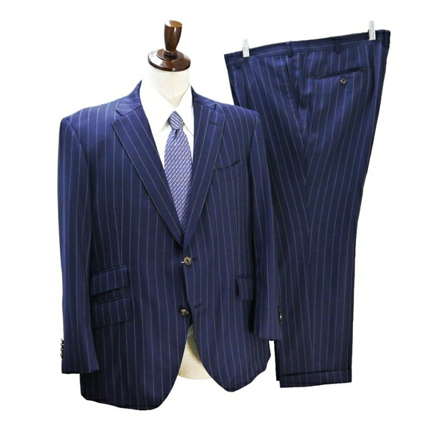 Trousers, Bottoms - 麻布テーラー HARRISONS of EDINBURGH 2つボタン シングルスーツ BE6 XL ダークネイビー ストライプ ワンタック 春秋冬 6ND063 【送料無料】【中古】【メンズビジネス】202604