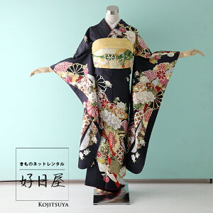 【レンタル】 振袖 フルセット 正絹 適応身長143-158cm 黒 bk-036ネット予約