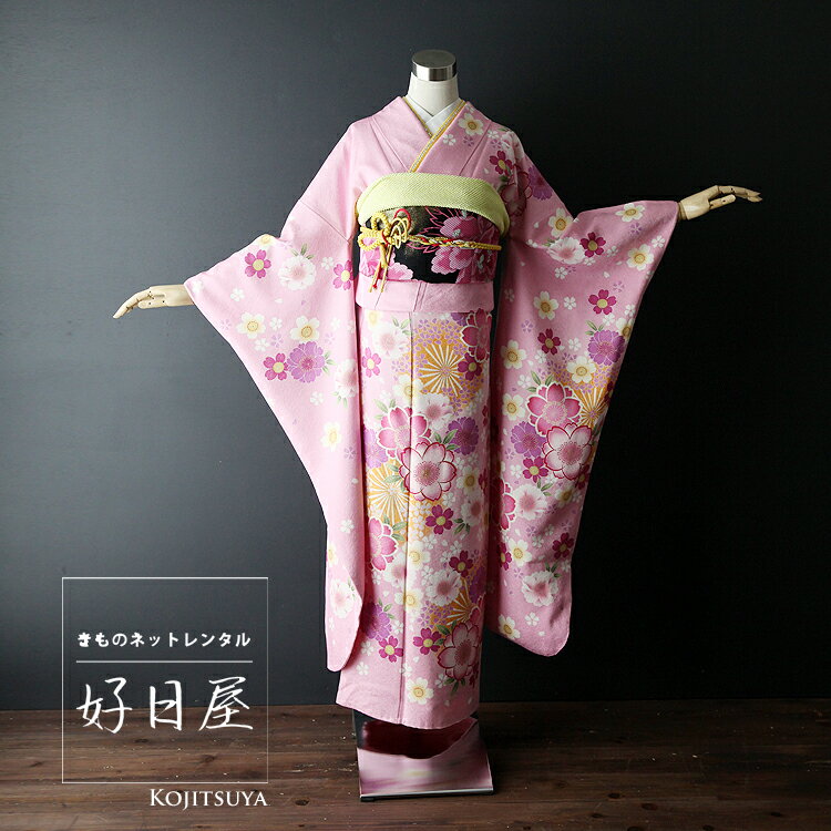 淡いピンクの生地にたくさんの桜を上品に描いた振袖です。詳細淡いピンクの生地にたくさんの桜を上品に描いた振袖です。サイズ適応身長:147cm〜162cm　身丈:162cm　裄:66cm　袖丈:108cm　前巾:24cm　後巾:29cm■サイズガイドを見る素材正絹付属品〇振袖　〇帯　〇長襦袢(刺繍半襟付き)　〇帯締め　〇帯揚げ　〇重衿　〇腰紐5本　〇伊達締め　〇マジックベルト〇帯板2枚　〇帯枕　〇コーリンベルト　〇衿芯　〇草履　〇バッグ　〇着物スリップ　〇3重仮紐　〇新品足袋レンタル期間商品到着日から3泊4日のレンタル期間です。ご着用日の翌日までに発送のお手続きをお願いいたします。■ レンタルの流れを詳しくお勧め用途結婚式　結納　各種パーティー　成人式注意事項＊1月の成人式にご利用の場合は「成人式用振袖レンタル」からお選びください。＊ショールはオプションとして別途2000円で追加できます。■ レンタル規約（キャンセル料など）■ 安心パックとは■ よくあるご質問⇒振袖一覧はこちらから⇒1月成人式用の振袖レンタルはこちらから⇒振袖一覧はこちらから