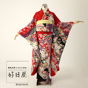 【レンタル】 振袖 フルセット 正絹 適応身長159-174cm 赤 re-009ネット通販