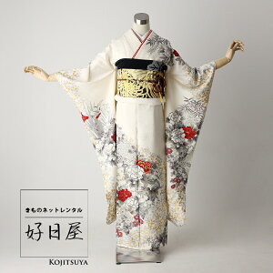 【レンタル】 振袖 フルセット 正絹 適応身長148-162cm 白 wh-036バーゲン