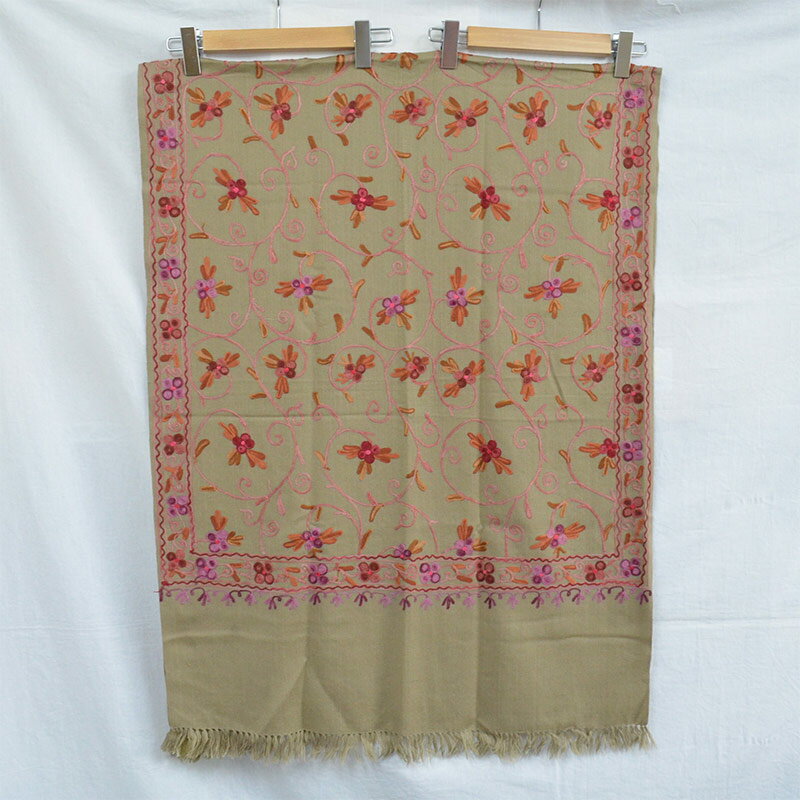 インド製 刺繍 ウール100% クロス 布 170cm×70cm モカベージュ エスニック ショール アウトレット セール品 15000円→3000円/シート/...