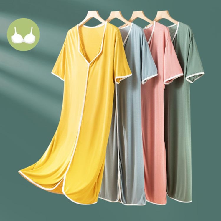 Vネック 胸パッド付き ルームワンピース レディース 無地 半袖 パジャマ ネグリジェ モダール テーラード襟 ミモレ丈 ナイトワンピース ルームウェア 胸パッド付き ゆったり 婦人用 マタニティ 入院