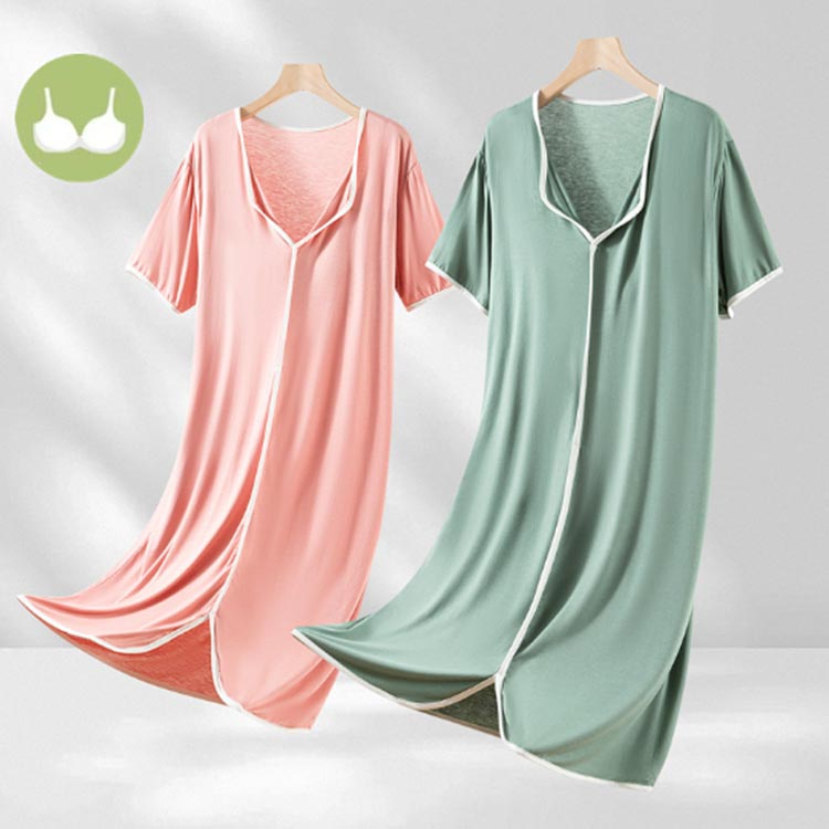 Vネック 胸パッド付き ルームワンピース レディース 無地 半袖 パジャマ ネグリジェ モダール テーラード襟 ミモレ丈 ナイトワンピース ルームウェア 胸パッド付き ゆったり 婦人用 マタニティ 入院