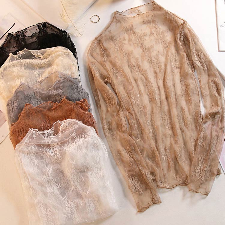 シアートップス レディース 春 夏 重ね着 透け感 無地 カットソー 長袖 レース UV対策 日焼け ロングスリーブ 薄手 薄い タートル お洒落 肌見せ 大きいサイズ 柄 シースルー 透け インナー レイヤード おしゃれ ォーマル 普段使い 2