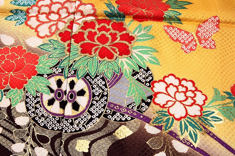 【訳あり】花車 ボカシ染め 金彩加工 蝶々柄 七五三 四ッ身 正絹 仮絵羽 未仕立て品 着物