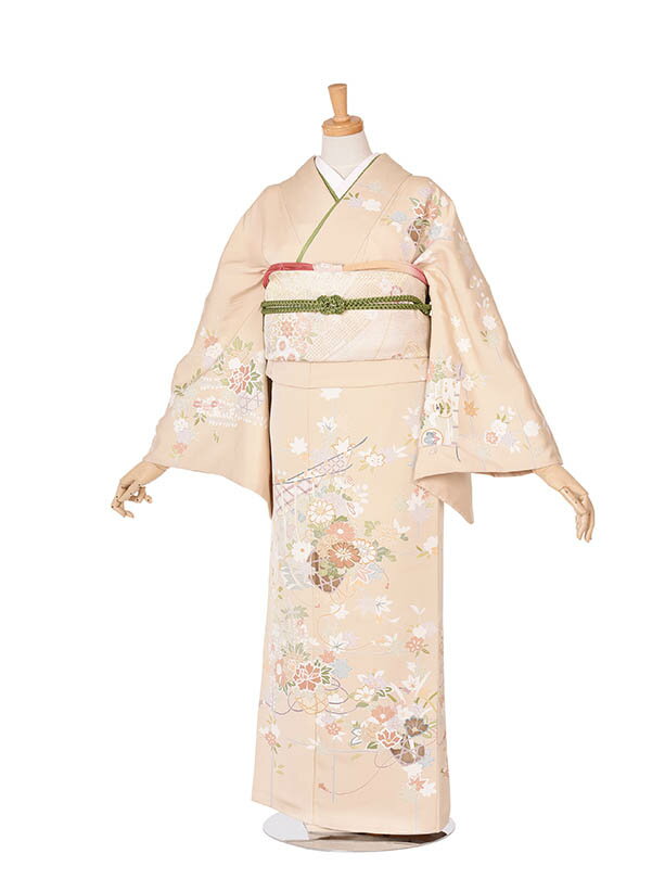 【レンタル】訪問着 レンタル 正絹 フルセット ベージュ花籠 結婚式 入学式 卒業式 およばれ 式典着物 ママ着物 お茶会 着物セット送料無料 七五三