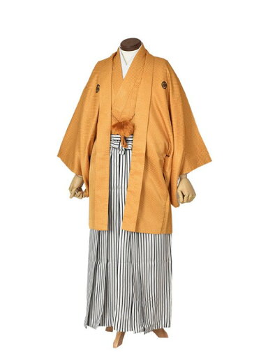【レンタル】男性袴 紋付袴 紋付袴 紋付袴レンタル 成人式袴 卒業式袴 結婚式袴 男性袴 山吹色 縞模様 送料無料 フルセット 身長165cm~170cm小さいサイズ袴