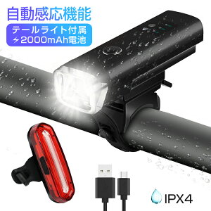 自転車 ライト LED 防水 USB 充電式 明るい 自転車ライト USB充電 電池式 懐中電灯 自動点灯 ホルダー ヘッドライト 前照灯 テールライト付属 サイクルライト 高輝度　強力 軽量 コンパクト 盗難防止 防災グッズ 人気