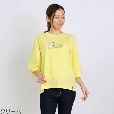 アウトレット!Tシャツ 7分袖 Peter Rabbit(ピーターラビット) 前プリントプルオーバー レディース キャラクタープリントスリット入り M L LL 3L クリーム オートミール ライトパープル グレー 春 「201809W」 SLSS