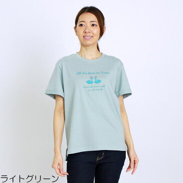 アウトレット！ Tシャツ 半袖 ラインストーンプリントTシャツ レディース 綿100％ オーガニックコットン イラストレーター 袖ロールアップ 白鳥 スリット M L LL 3L オートミール ライトグリーン ネイビー グレー 初夏 アウトレット「201816W」