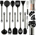 SMIRLY キッチン用品 34セット ブラックシリコン&ステンレスハンドル 計量カップ・スプーン&ホルダー&ソルト&ペッパーグラインダー付き スパチュラ ター...