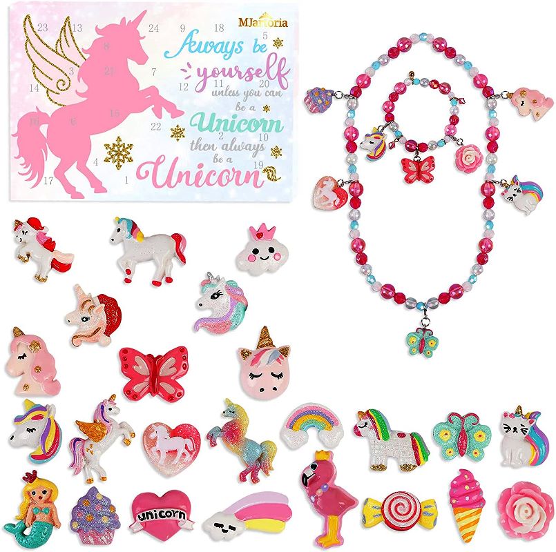 MJartoria アドベントカレンダー ユニコーン ジュエリー24日間の楽しい ノベルティギフト DIY ネックレス ブレスレット チャーム ジュエリー マーメイド バタフライ 子供 子ども 男の子 女の子 ごっこ遊び 誕生日 クリスマス Purple Ladybug