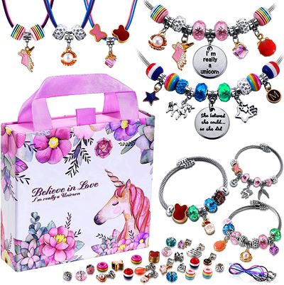 チャーム アクセサリー キット ユニコーン トートジュエリーメイキングキット レインボー 蝶 花 口紅 ハート 星 クローバー 宝石 虹 グッズ 女の子 子ども...