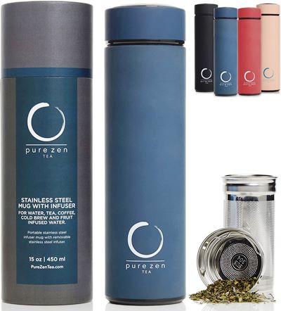 Pure Zen Tea マグボトル 約440 ml ブルーステンレススチールトラベルマグ 真空断熱 漏れ防止+ BPAフリー ルーズリーフ、ハーブ、緑茶、コーヒー、フルーツウォーター 水筒 マグボトル タンブラー 保冷 保温 耐熱 青 紺 ネイビー