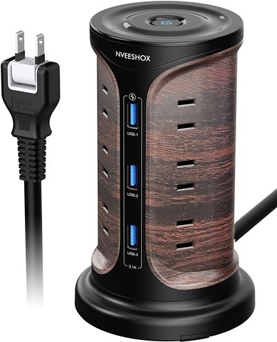 電源タップ タワー型 木目調 usbコンセント　延長コード 2m　12個AC口　3個USBポート　雷ガード　固定パーツ付　3層　たこ足配線　テーブルタップ　OAタップ　マルチタップ　たこあしコンセント　壁掛け　安全保護機能　自宅用　会社用 PSE パソコン 周辺機器 用品のサムネイル