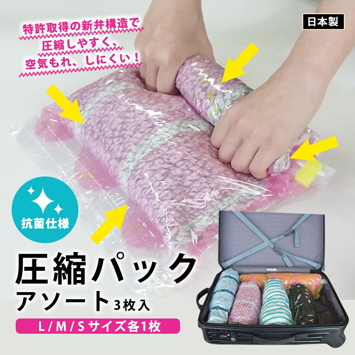 旅行 着替え 圧縮パック 衣類圧縮袋【送料無料】圧縮パックS・M・Lサイズセット VacPac アソート3枚入 日本製 省スペース [M便 1/2] lakurashi-10005147 La・暮らし サンプル画像2