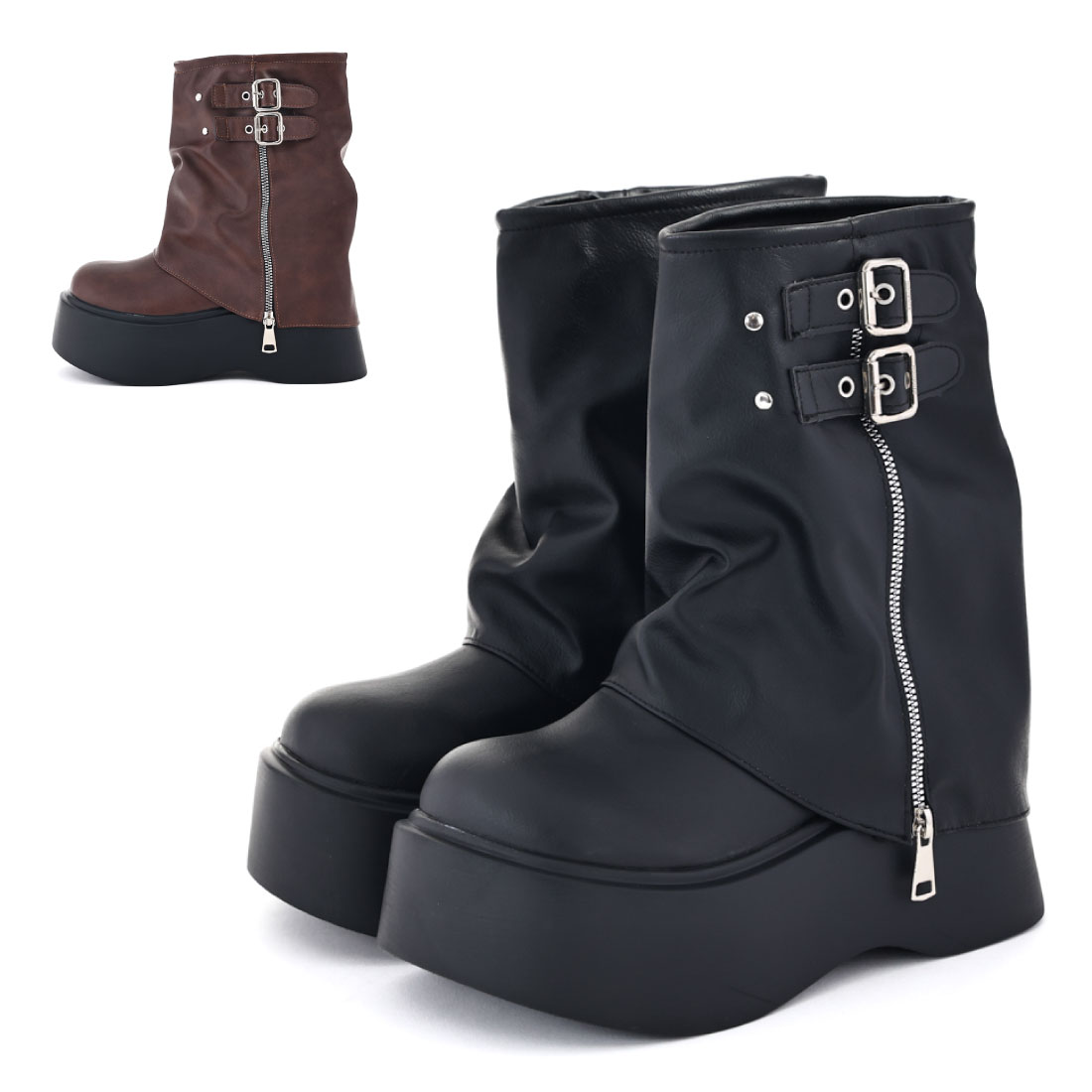 【16%OFF】 レディース ブーツ 厚底 おでこルーズブーツ カバーブーツ Y2K ミドルブーツ 7.5cmヒール デザインノート Design Note