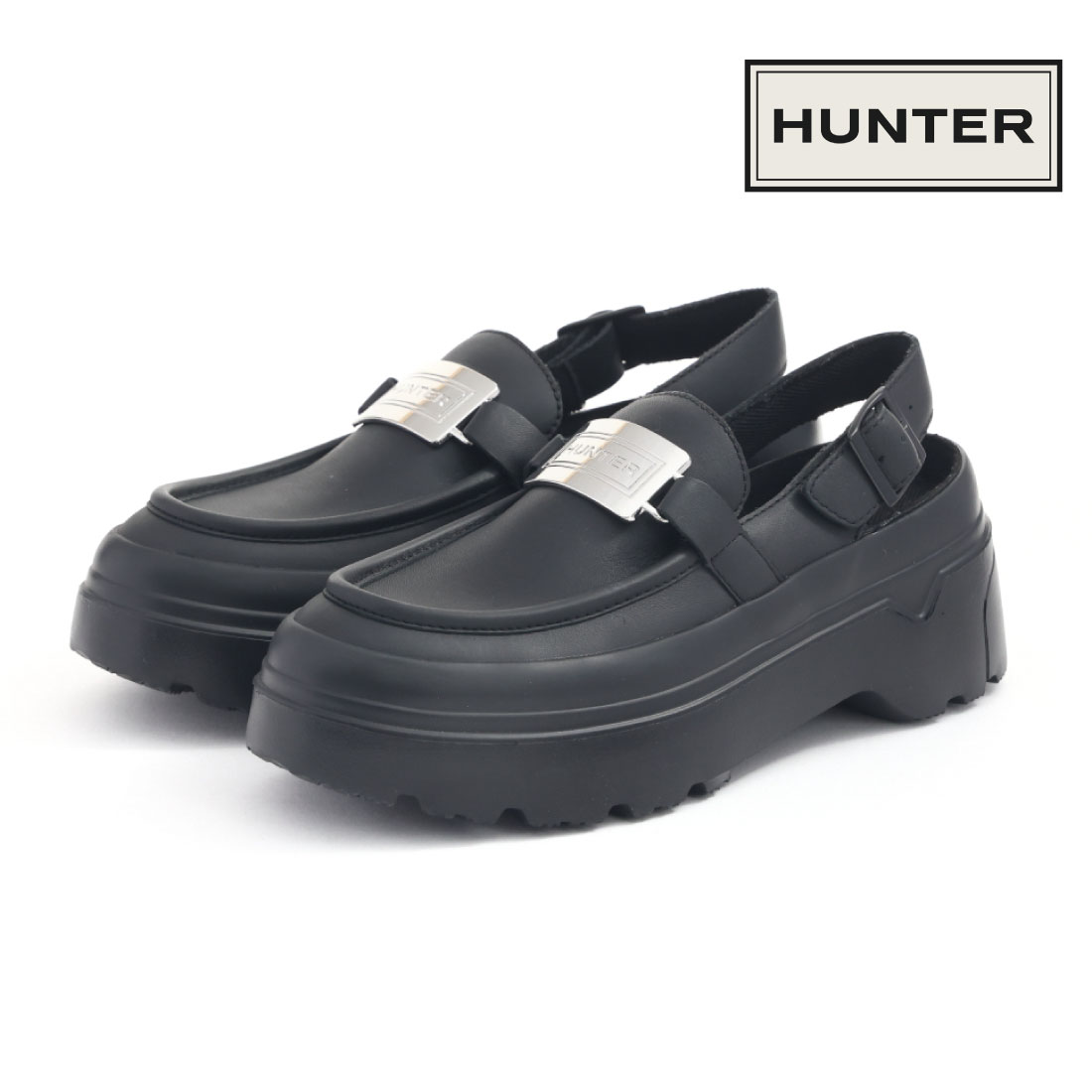 ハンター HUNTER レディース ローファー リファインド フラットフォーム メタル ヒール ストラップローファー WFF3102LEA ストラップ 耐水 レザー 厚底 チャンキーソール 軽量 軽い 正規品