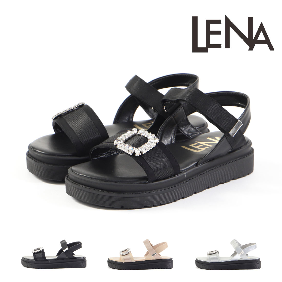 【4/15 20時〜4H限定PT10倍】【40%OFF】 レナ LENA レディース サンダル ビジュー ストラップサンダル ローヒール2024_サンダル大 28123 痛くない 歩きやすい 疲れにくい ビジュー 旅行 レジャー