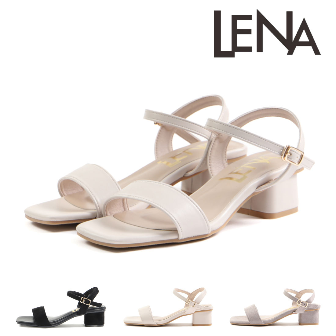 レナ LENA レディース サンダル ストラップサンダル チャンキーヒール 4cmヒール スクエアトゥ 歩きやすい アンクルストラップ 痛くない 歩きやすい 2024_サンダル大 33007