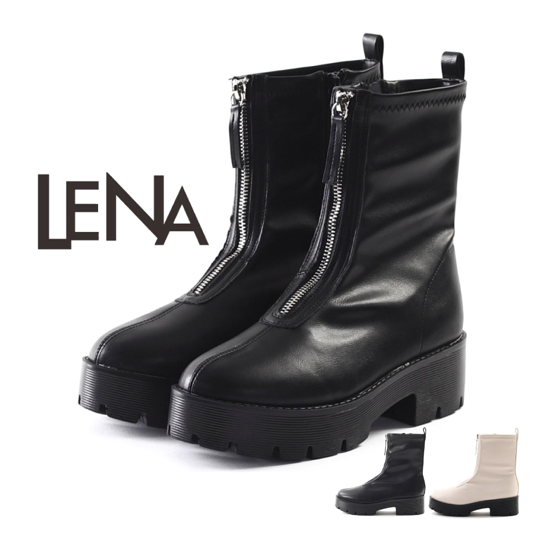  レナ LENA レディース ブーツ 厚底 センタージップ ストレッチブーツ ショートブーツ 厚底ブーツ トラックソール 痛くない 歩きやすい 疲れない ジッパー ファスナー 8842 大きいサイズ