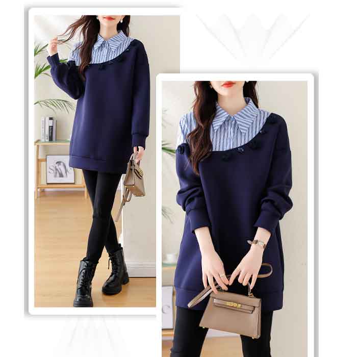 フェイクレイヤード トップス 重ね着風 ストライプ 大きいサイズ レディース ドッキング トップス ロングシャツ チュニック シャツ 長袖 ロング丈 大きめ ゆったり 大人可愛い 春 秋 秋冬