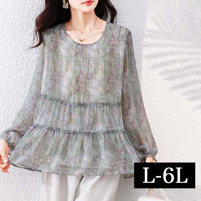 オーバーブラウス トップス シアー ロング チュニック ブラウス 全柄 柄物 大きいサイズ レディース トップス 長袖 ロング丈 大きめ ゆったり 大人可愛い 優しい