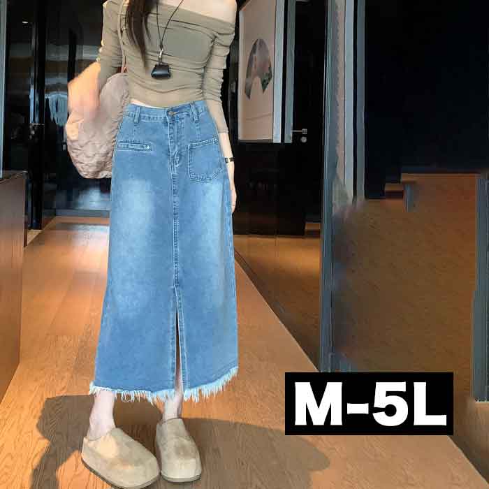 ＼全品送料無料☆期間限定／ M〜5L 大きいサイズ カットオフ 切りっぱなし スカート ロングスカート 無地 デニム デニムスカート 膝下 ロングスカート マキシスカート マキシ マキシ丈 タイト Aライン 前スリ スリット 大人 大人可愛い 夏 春夏 秋冬 lpp- スーパーセール