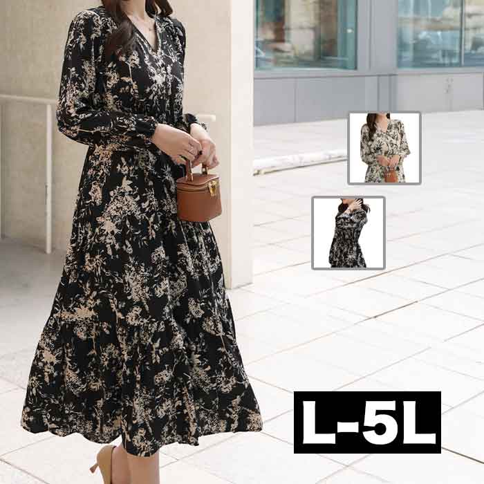 総柄 ロングワンピース マキシワンピース 大きいサイズレディース ワンピース カジュアルワンピース フレア 大人 大人可愛い 長袖 きれいめ 服 可愛い 秋冬 春夏 春物 春ワンピース ブラック ベージュ