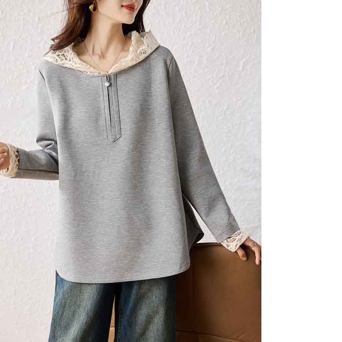 L〜6L レース フード付き 長袖 パーカー カジュアル トップス 大人 大きいサイズ レディース フーディー ロング チュニック きれいめ 上品 ロング丈 大きめ ゆったり 大人可愛い