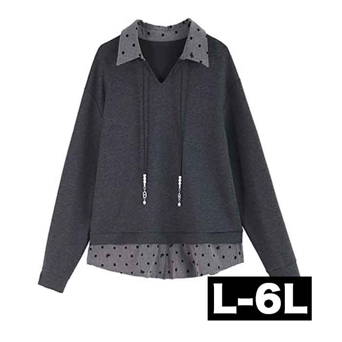 大きいサイズ レディース 重ね着風 ドッキング 襟付き ドット リボン トップス ロングシャツ チュニック シャツ 長袖 ロング丈 大きめ ゆったり 大人可愛い チェック 黒