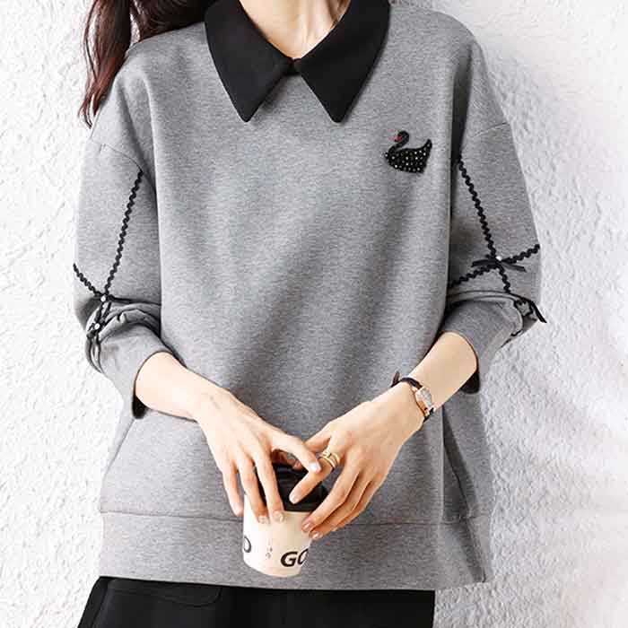 ＼クーポンで送料無料／ ビジュー ビーズ トップス ロング トップス 襟付き ポロシャツ Tシャツ スエット スウェット トレーナー 大きいサイズ チュニック 大きいサイズ レディース 可愛い ロング丈 秋冬 秋 春 グレー
