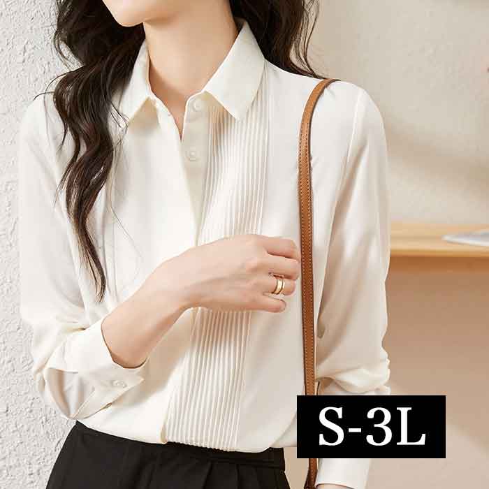 S-3L ブラウス ワイシャツ 大きいサイズ レディース きれいめ 事務服 ブラウス 白シャツ 長袖 ピンタック 無地 レギュラー シャツ 開襟 制服 白 ホワイト おしゃれ かっこいい 安いプチプラ 通勤 仕事 セレモニー オフィス 春夏 秋冬
